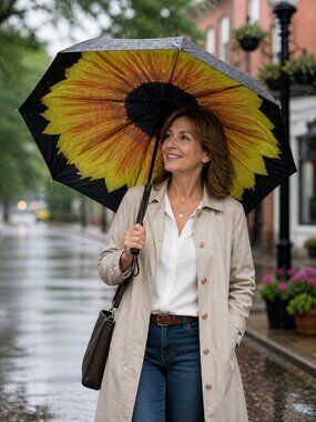 Sunflower Print Compact Umbrella – Black & Yellow Folding Rain Umbrella